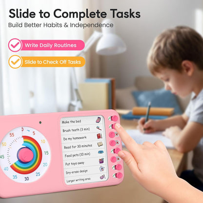 2-in-1 Visual Timer with Task Board for ADHD & Autism, Dry Erase Chore Chart and Visual Schedule for Kids & Adults, Rainbow Countdown Timer for Classroom, Home, Homeschool (White)