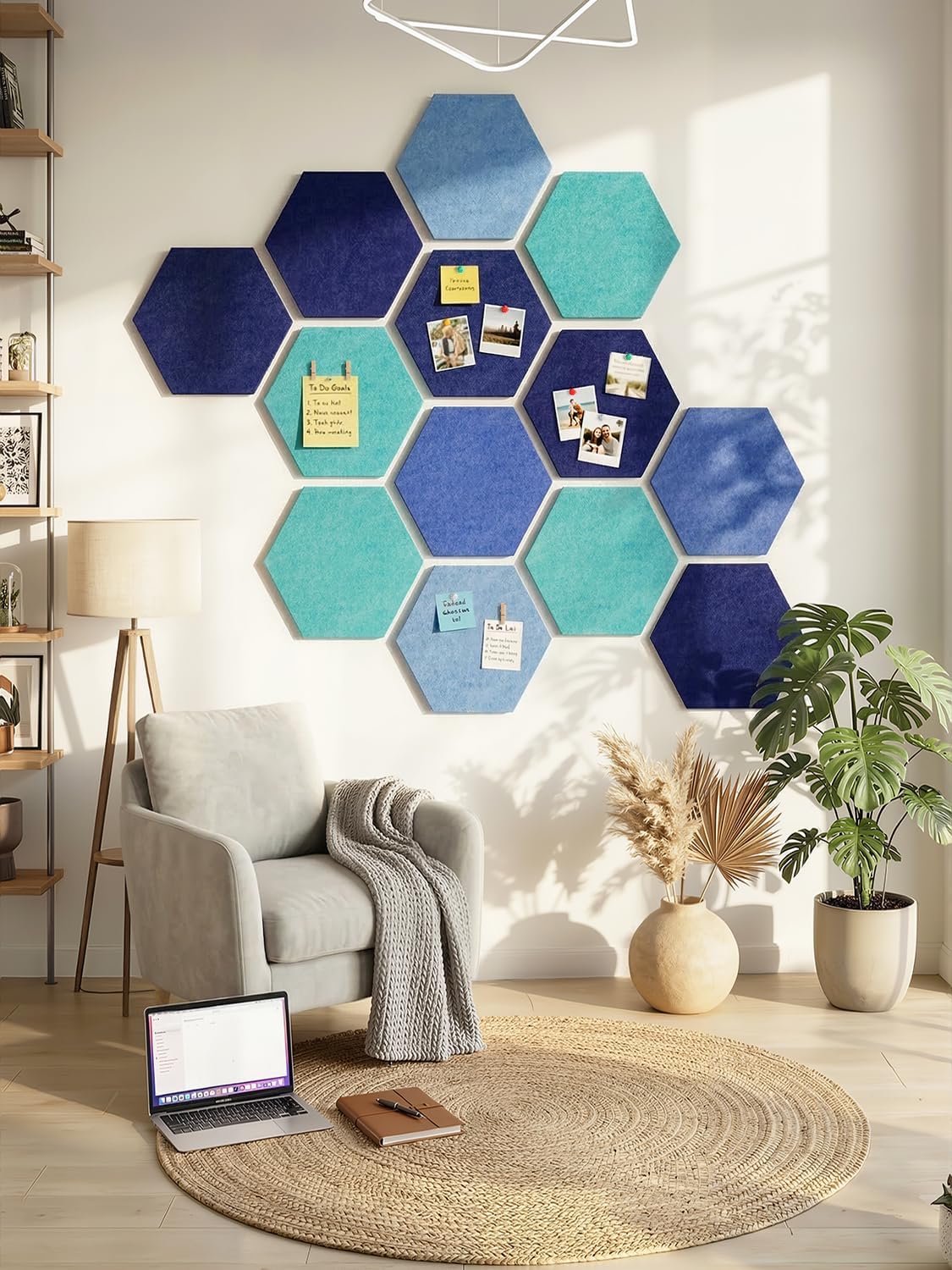 8 Pack Hexagon Felt Bulletin Board Tiles - 12" Large Thick Pin Board for Walls with 30 Push Pins, DIY Boards for Office Home School Decor, Aesthetic Hex Cork Board Alternative