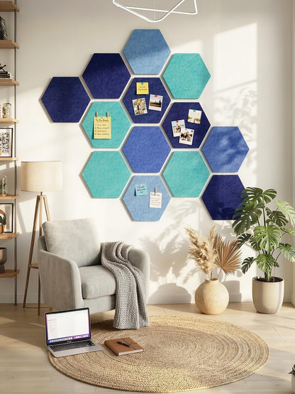 8 Pack Hexagon Felt Bulletin Board Tiles - 12" Large Thick Pin Board for Walls with 30 Push Pins, DIY Boards for Office Home School Decor, Aesthetic Hex Cork Board Alternative