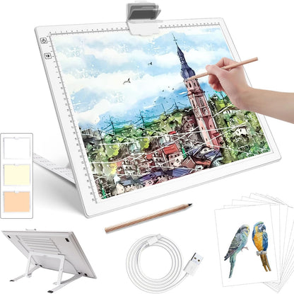 Rechargeable A4 Light Box with Padded Case,led Light pad with Built-in Stand & Clip,6 Levels of Brightness lightbox for tracing,Diamond Painting.Light Table for Artists,Drawing,Sketching,Animation