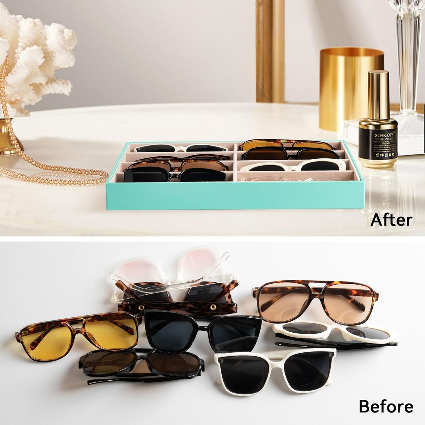 Frebeauty Sunglass Organizer,PU Leather Glasses Organizer,8-Slot Sunglasses Tray,Men's/Women's Sunglasses Box,Sunglass Case,13.3 x 9.6 x 1.5 Inches,Eyeglass/Eyewear Display Tray(Grey)