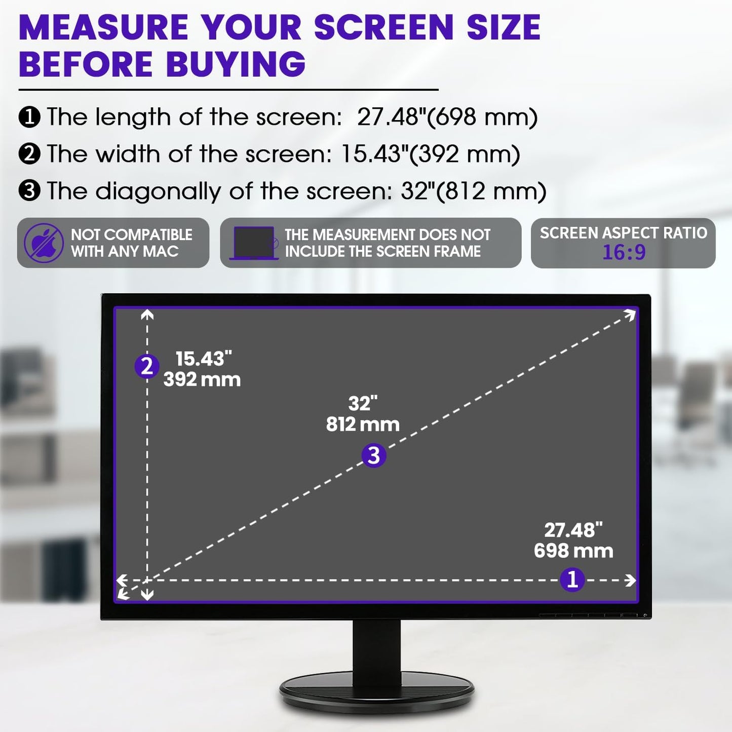 F FORITO 32 inch 16:9 Anti Blue Light Matte Screen Protector for Monitor, Compatible with 32" Sceptre/Dell/Asus/Acer/ViewSonic/Samsung/Aoc/HP/LG Widescreen Monitors