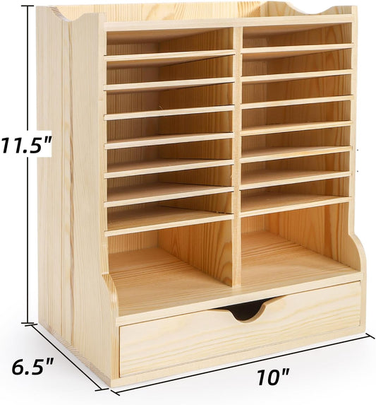 Dicunoy Wooden Marker Organizer Rack, Mark Storage Holder with Drawer for 98 Markers, Desktop Art Supply Rack Stationary Caddy with 17 Slots for Colored Pencils Art Brushes Home Classroom