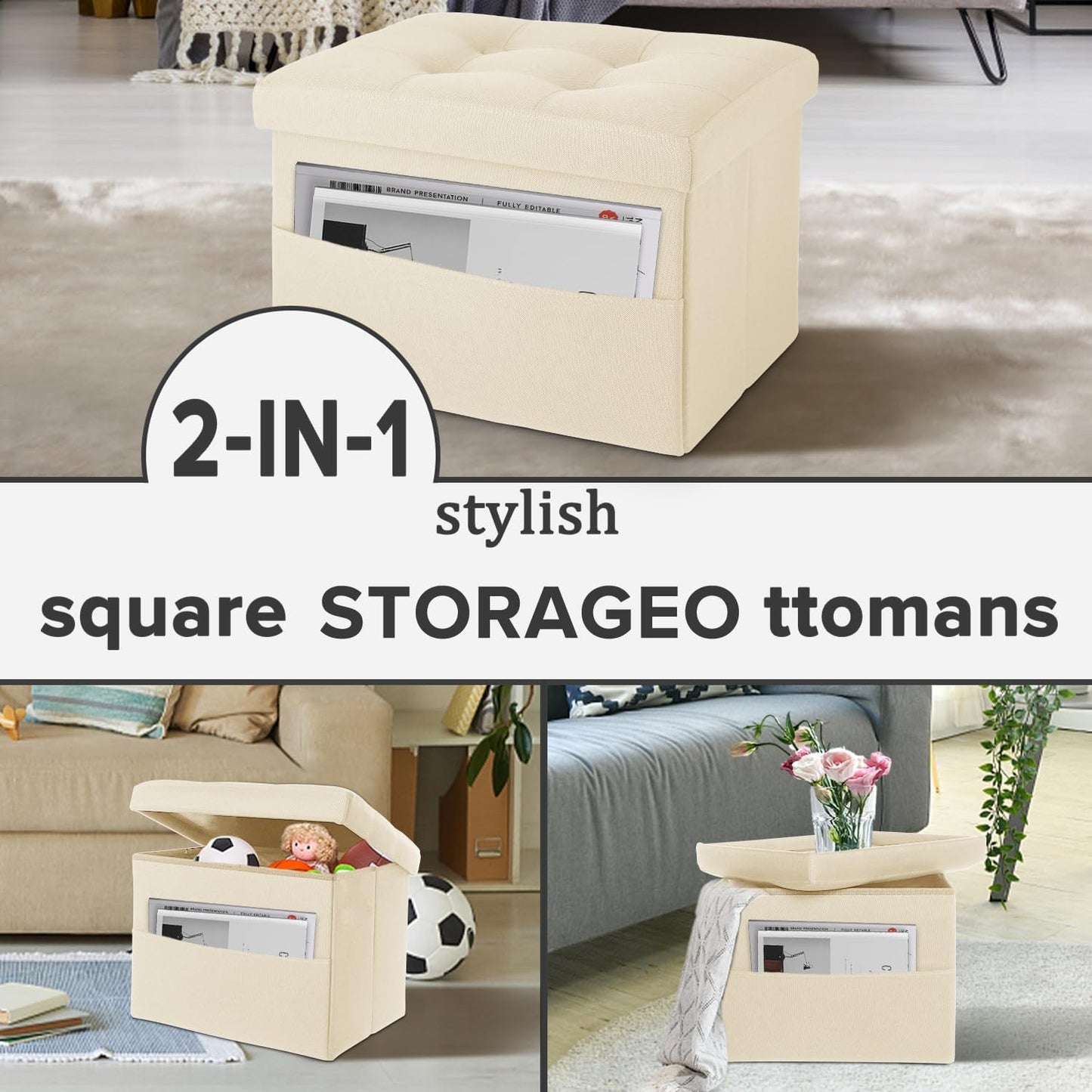 LINMAGCO Ottoman Storage Ottoman with Storage Small Foot Rest Stool Under Desk Stool Short Folding Footrest Linen Cloth Dark Gray 16X12X12IN
