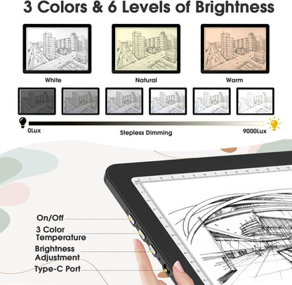 Rechargeable A3 Light Pad with Carry Bag, High-Brightness Tracing Light Box with 6 Levels of Brightness, Side Physical Buttons & 3 Colors, Wireless Light Board for Diamond Painting, Drawing, Sketching