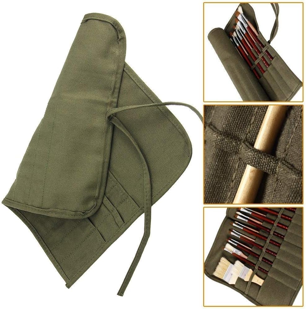 22 Slots Paint Brush Storage for Acrylic Oil Watercolor Brush Roll up Case Army Green Canvas Paint Brush Holder (13 * 15.7IN)