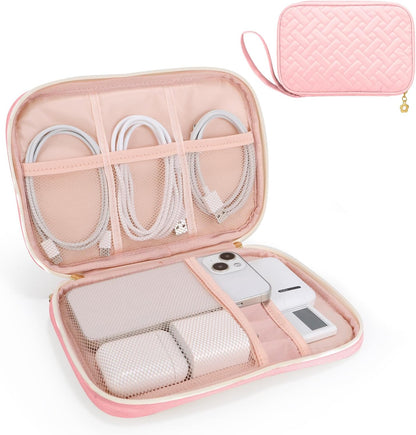 Electronics Organizer Travel Case, Charger Bag Cord Organizer Travel, Compact Tech Pouch Cable Organizer Bag for Charger, Cords, Phone, Headphones, Flash Drive, SD Card (Pink, Small-Double Layer)