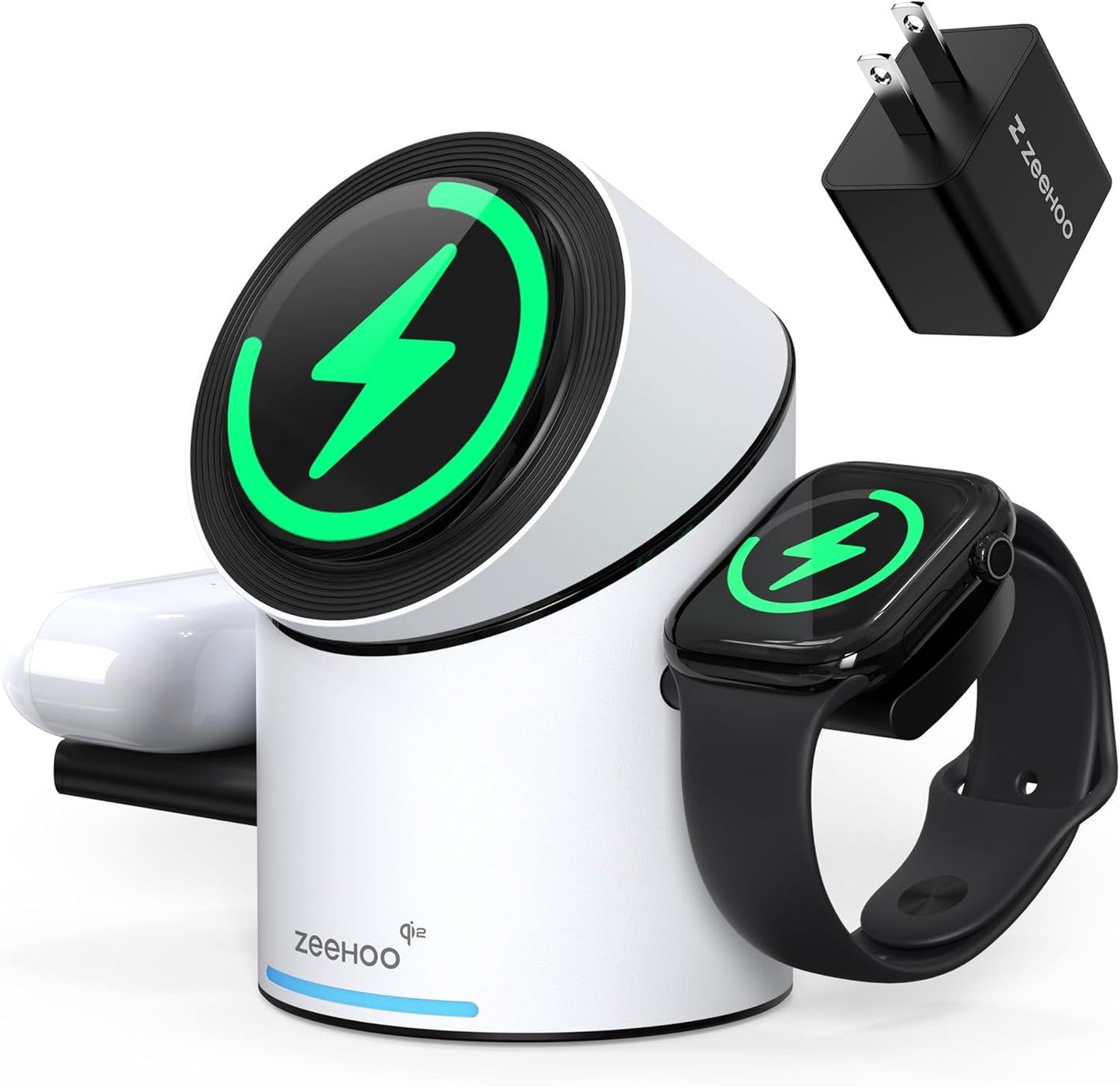 ZEEHOO 3 in 1 Charging Station for Apple Devices, Mag-Safe Charger Stand, Qi2 15W Auto-Rotating Wireless Charger for iPhone 17 16/15/14/13/12 Series& AirPods& iWatch(Black)