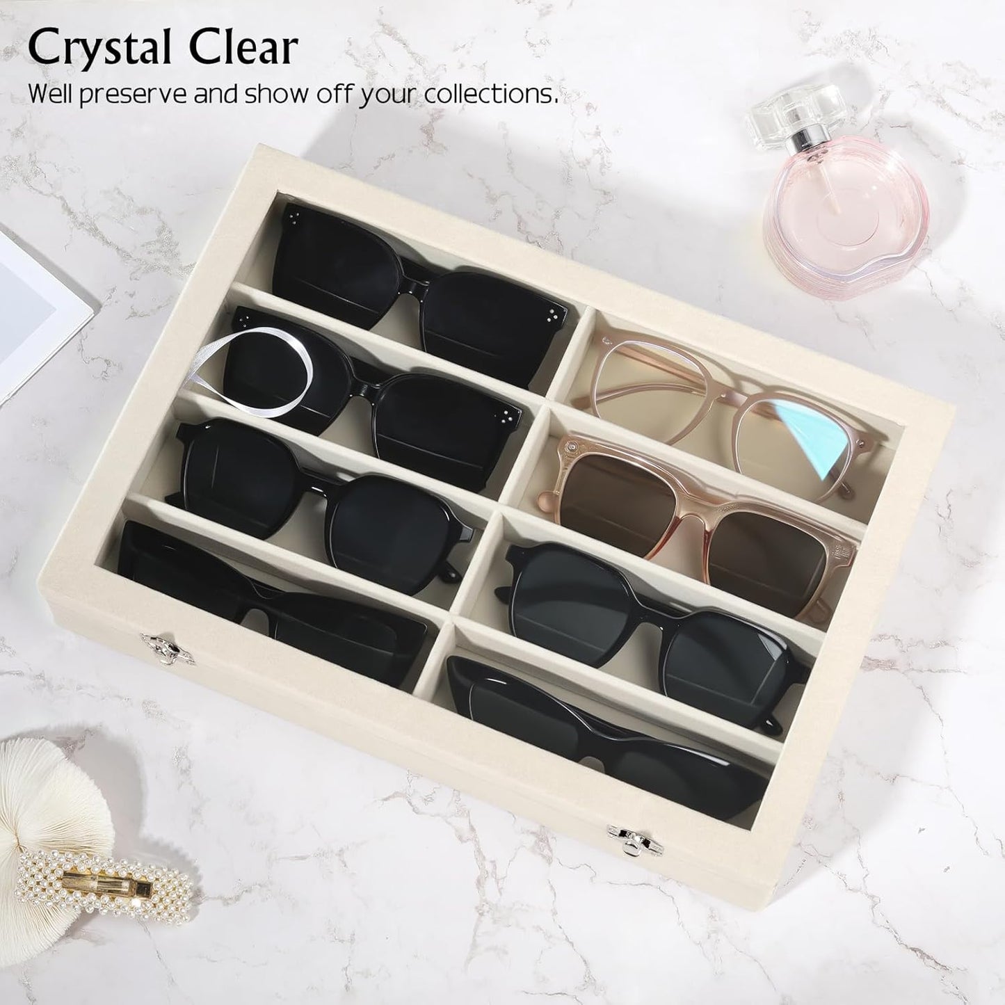 Emibele Glasses Organizer Jewelry Tray, 8 Grids with Clear Lid Velvet Tray Watch Storage Stackable Jewelry Showcase Display Storage with Detachable Inner Dividers, Beige