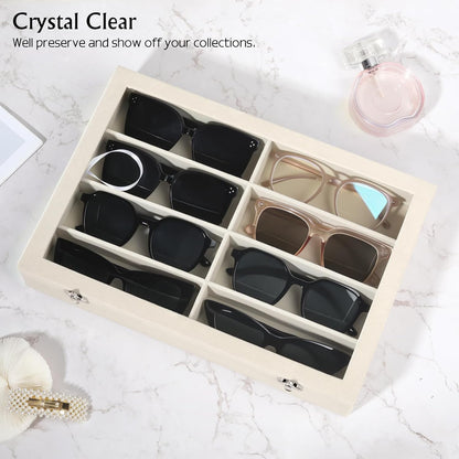 Emibele Glasses Organizer Jewelry Tray, 8 Grids with Clear Lid Velvet Tray Watch Storage Stackable Jewelry Showcase Display Storage with Detachable Inner Dividers, Beige