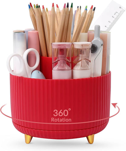 SKYDUE 360 Rotating Plastic Desk Pen Organizer with 5 Slots, Dual-Purpose Art Supply Pencil Cup for Office, School, Home