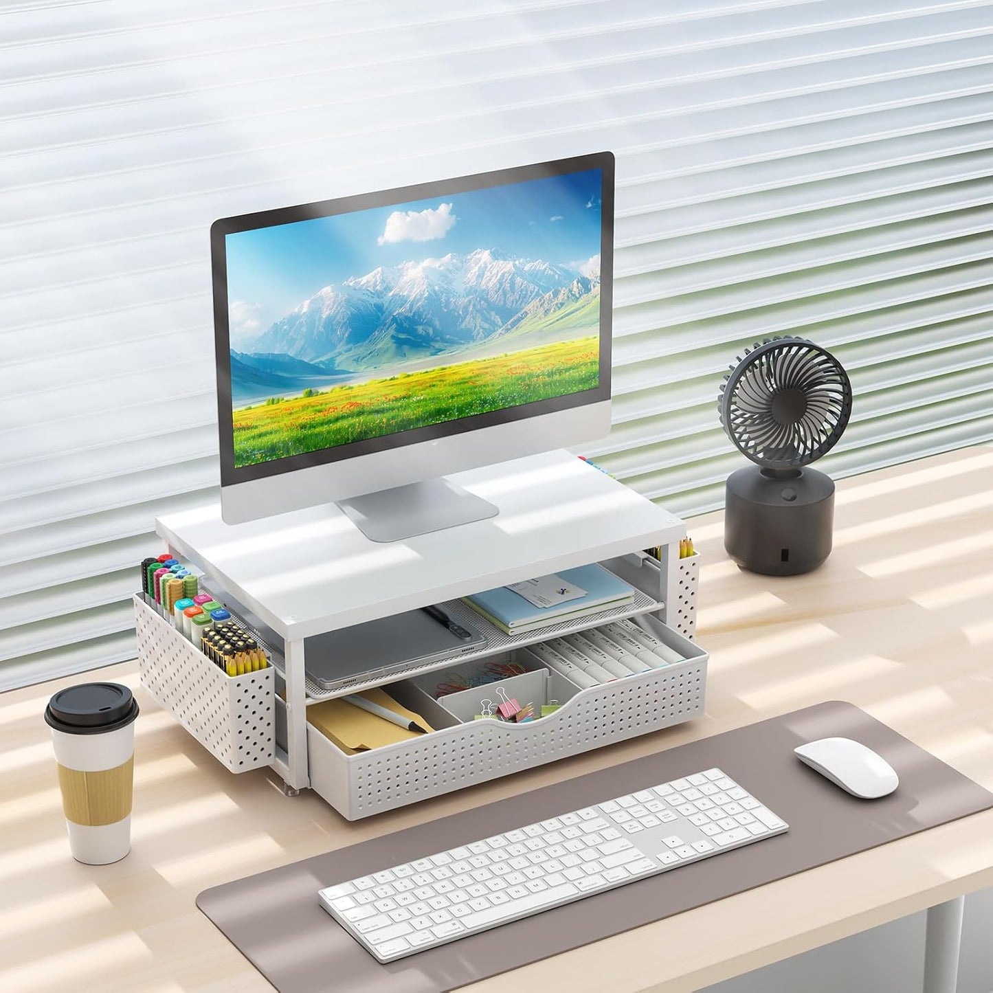 gianotter Monitor Stand Riser, Office Desk Shelf Organizer, Desk Organizer with Drawer and Pen Holder, 2-Tier Computer Stand, Office Organization (Ink)