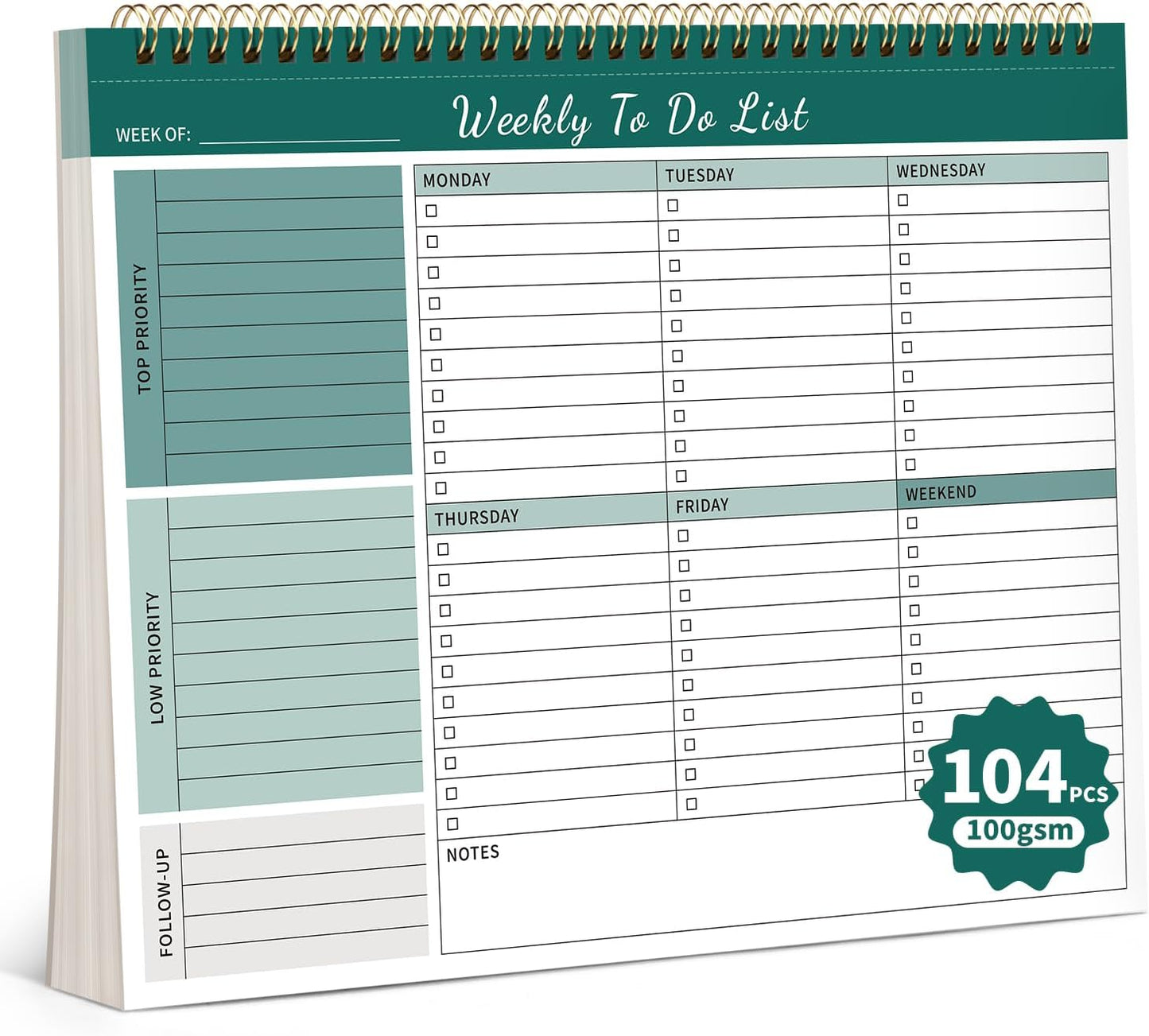 104 Pgs Weekly To Do List Notepad, 52 Duplex-Printed Undated Sheets 100 GSM（8.5"×11") Weekly Desk Planner For Work Home School Office Desk Accessories Supplies & Goal Setting Tasks - Green