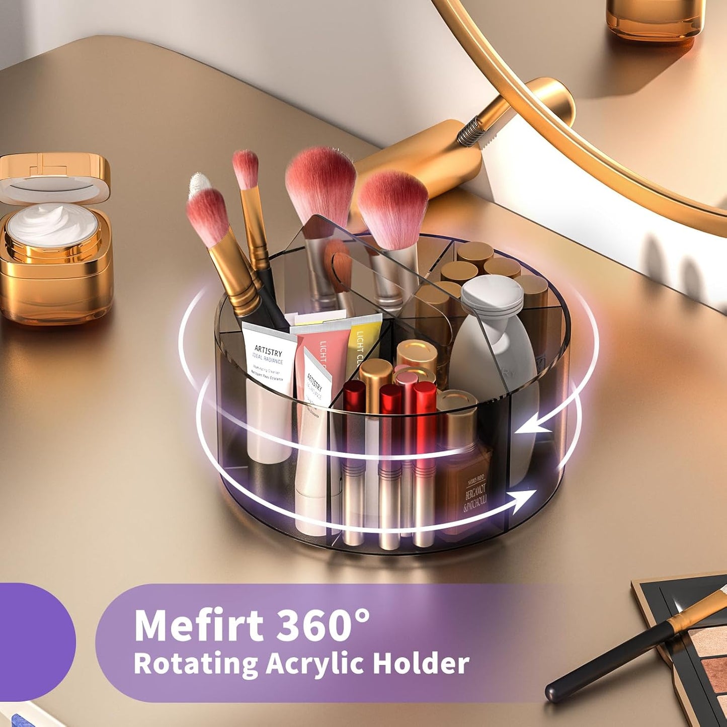 Mefirt Acrylic Pen Holder, 360 Degree Rotating Pen Organizer, Rotating Desk Acrylic Office Organizer with 6 Compartments, Marker Organizer for Kid, Crayon Caddy School Art Supply Storage Organizer