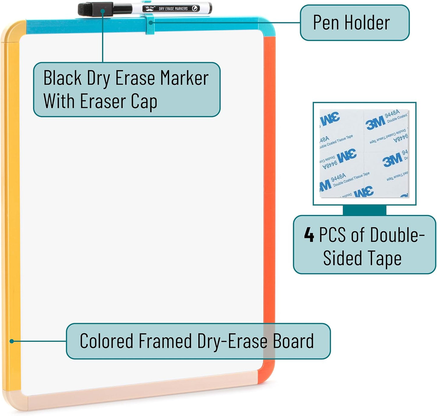 Mr. Pen- Dry Erase Board, 14” x 11” with a Black Dry Erase Marker, White Frame, Small Mini White Board for Students, Fridge, Wall, Locker, Includes Double Sided Tapes