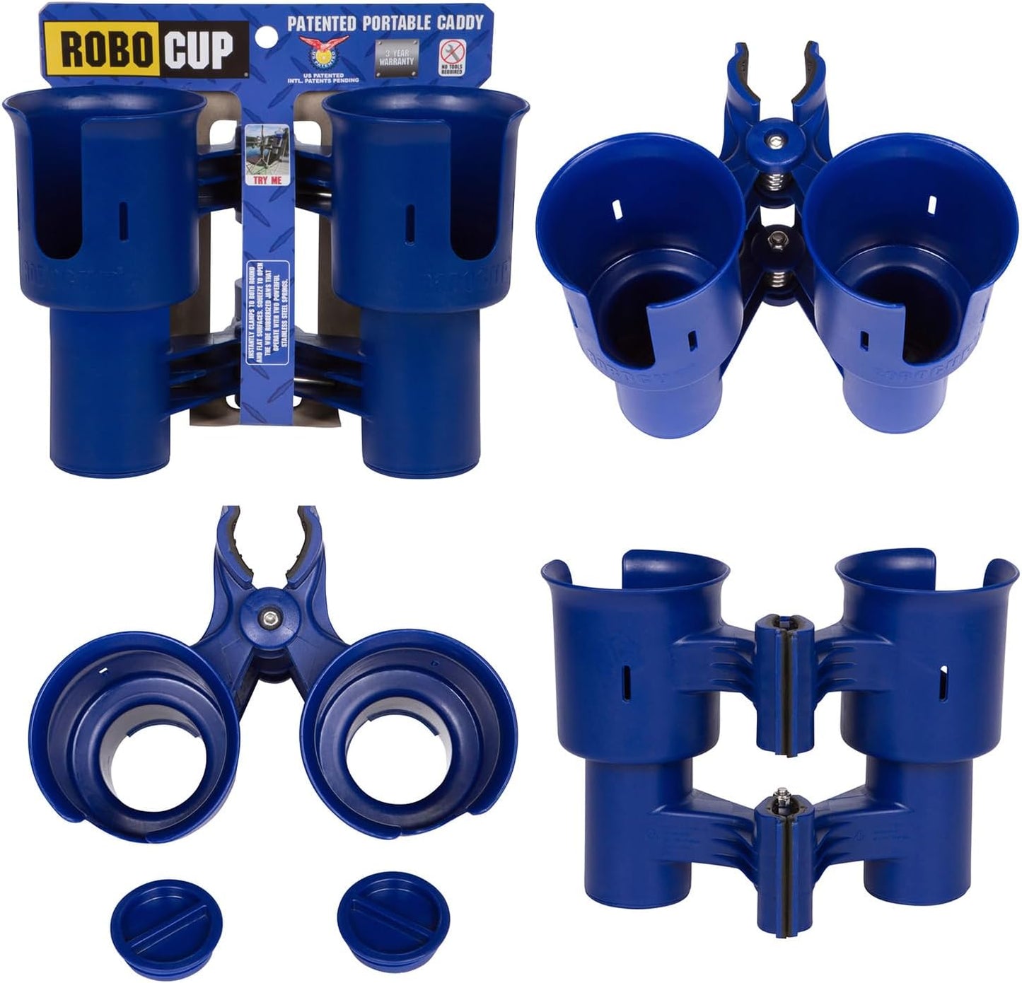 ROBOCUP, (White), Patented Clamp On Boat Cup Holder |Multifunction Dual Drink Caddy for Fishing Poles, Tools, Net, Gaff |Portable Storage for Boating, Beach, Umbrellas, Golf Carts, Strollers