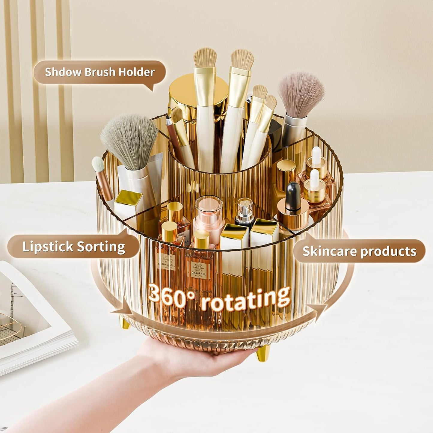 fanado 360° Rotate Makeup Brush Holder Organizer, Makeup Organizers Countertop, Makeup organization and Skincare Storage for Vanity, Desktop, Bathroom (White)