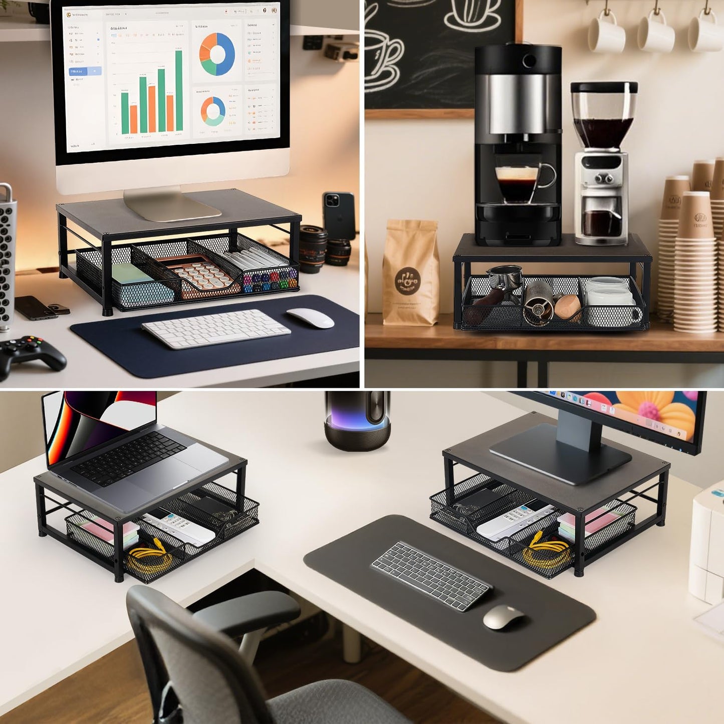 Wood Metal Monitor Stand Riser, Laptop Stand for Desk, Office Desk Organizer and Accessories, Computer Desktop Shelf with Drawer and Pen Holder, Printer Stand for Home, Office, Dorm (Natural Wood)