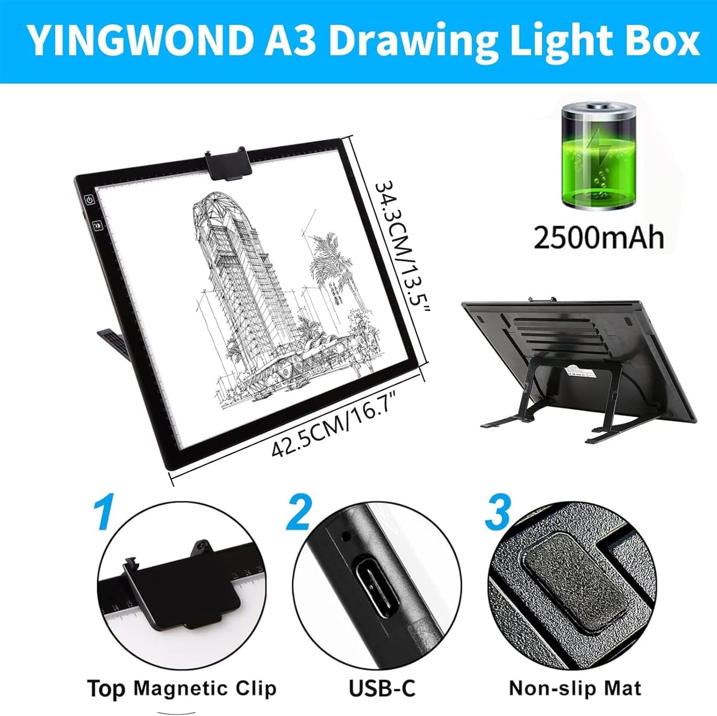 YINGWOND Rechargeable A4 LED Light Pad with Padded Case, Tracing Light Box w/Riser Stands and Paper Clip, 6 Levels of Brightness, Type-c Cable, Wireless Diamond Painting Light Board