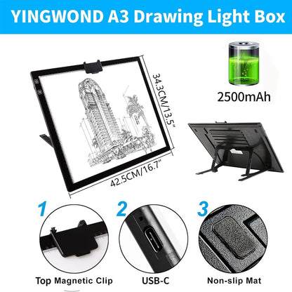 YINGWOND Rechargeable A4 LED Light Pad with Padded Case, Tracing Light Box w/Riser Stands and Paper Clip, 6 Levels of Brightness, Type-c Cable, Wireless Diamond Painting Light Board