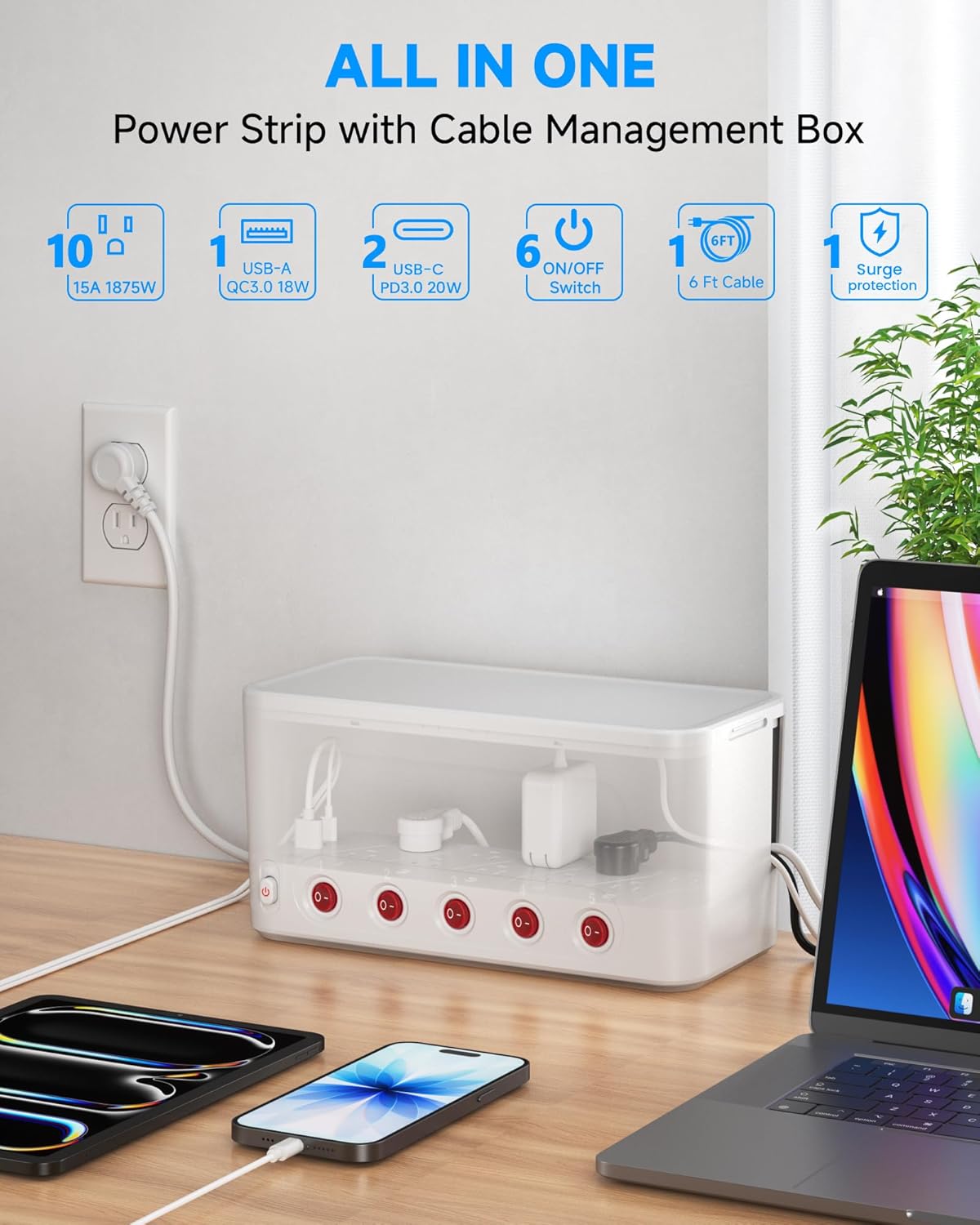 Power Strip with Cable Management Box,Surge Protector 10 AC and 3 USB Ports,6 ft Flat Plug Extension Cord,Outlet Hider Fast Charging Station,Desk Cord Organizer Box and Cover,Hidden Long Wire,Black