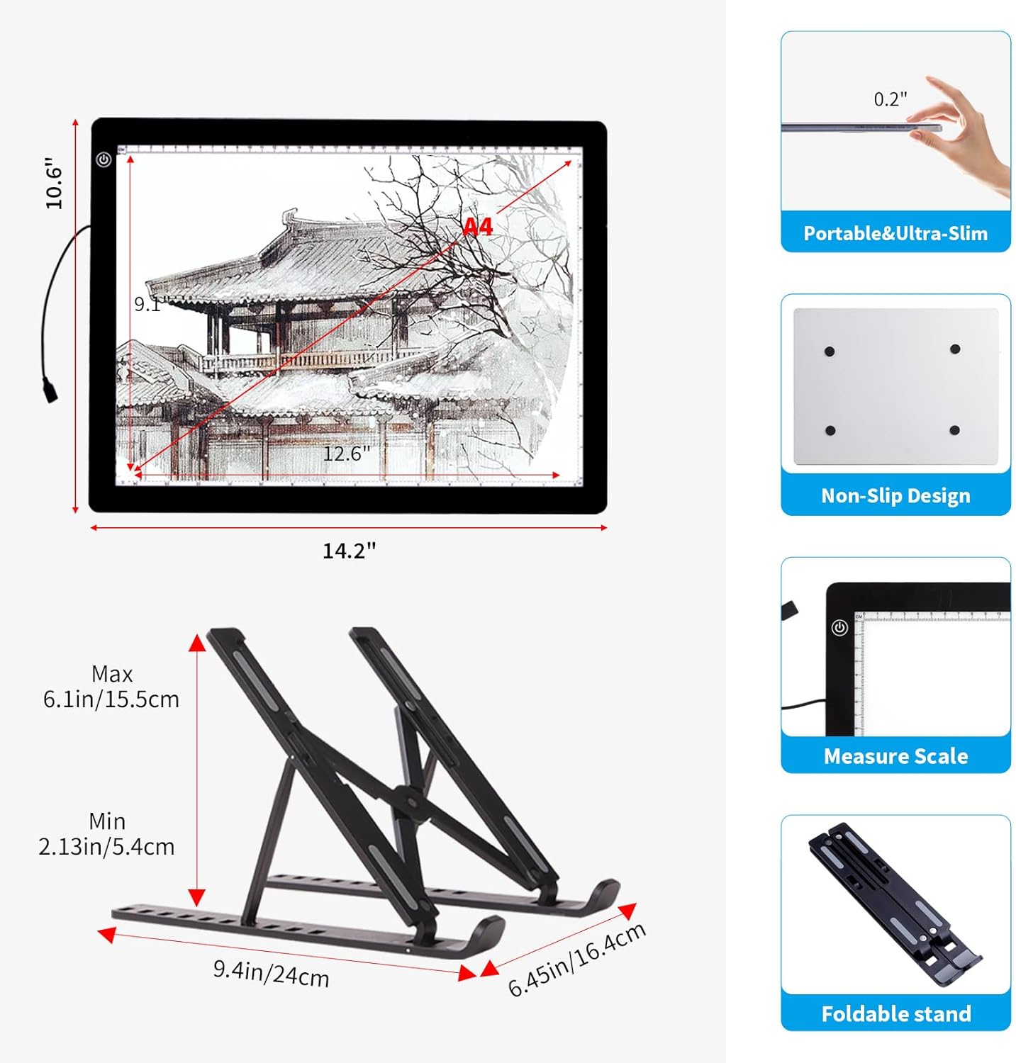 A4 Light Board for Diamond Painting - Tracing Light Box with Stand, Stepless Dimmable 3 Levels Brightness Light Pad, Ultra-Thin LED Light Pad for Weeding Vinyl, Drawing, Diamond Painting