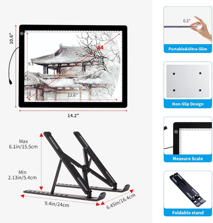 A4 Light Board for Diamond Painting - Tracing Light Box with Stand, Stepless Dimmable 3 Levels Brightness Light Pad, Ultra-Thin LED Light Pad for Weeding Vinyl, Drawing, Diamond Painting
