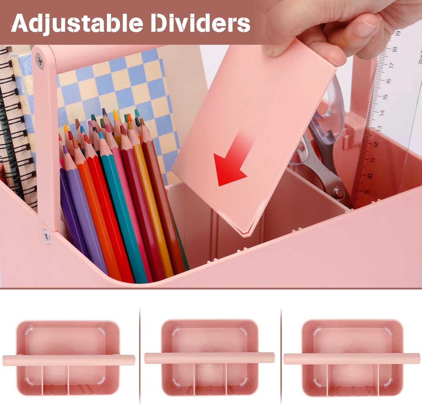 Multipurpose Caddy Organizer with Handle and Adjustable Divider, Portable Art Supply Storage Organizer for Art Craft Supplies, Dorm, Classroom, Office, Bathroom, Shower, Cleaning, Makeup (Pink)