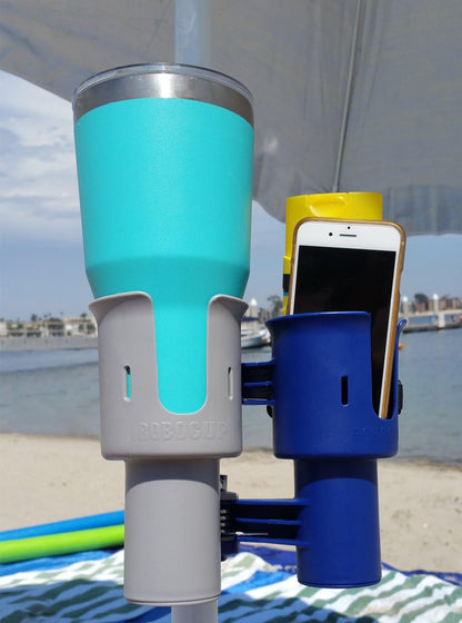 ROBOCUP, (White), Patented Clamp On Boat Cup Holder |Multifunction Dual Drink Caddy for Fishing Poles, Tools, Net, Gaff |Portable Storage for Boating, Beach, Umbrellas, Golf Carts, Strollers