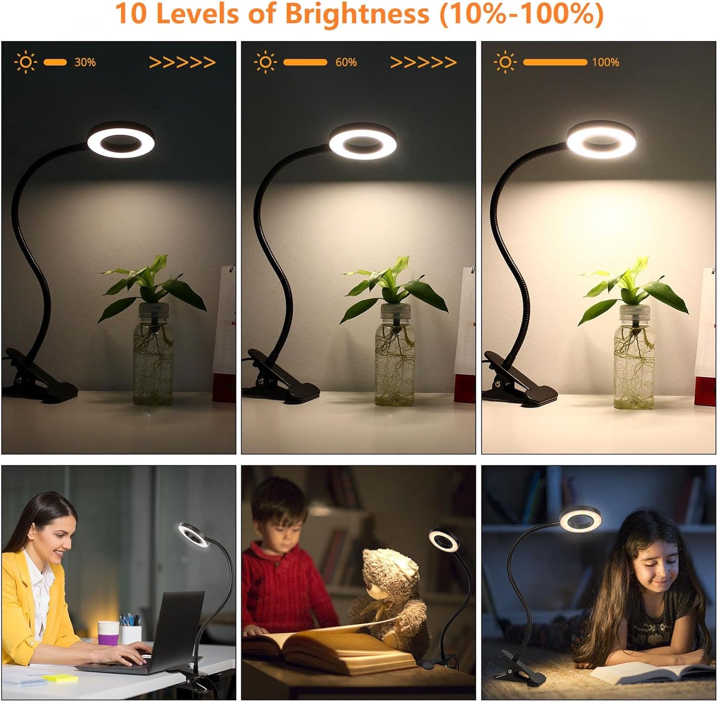 Woputne Desk Lamp Clip Light, 10 Dimmable Brightness 3 Light Modes Reading Light, Clamp Bedside Lamp for Painting, Craft, Study (Black)