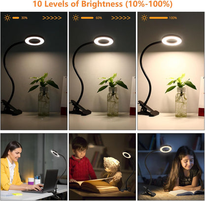 Woputne Desk Lamp Clip Light, 10 Dimmable Brightness 3 Light Modes Reading Light, Clamp Bedside Lamp for Painting, Craft, Study (Black)
