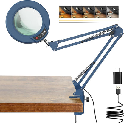 Coyeth 10X Magnifying Glass with Light and Clamp, Real Glass Stand Lighted Magnifier, 5 Color Modes Stepless Dimmable LED Desk Lamp Hands Free for Crafts Hobby Reading Painting Sewing Close Work