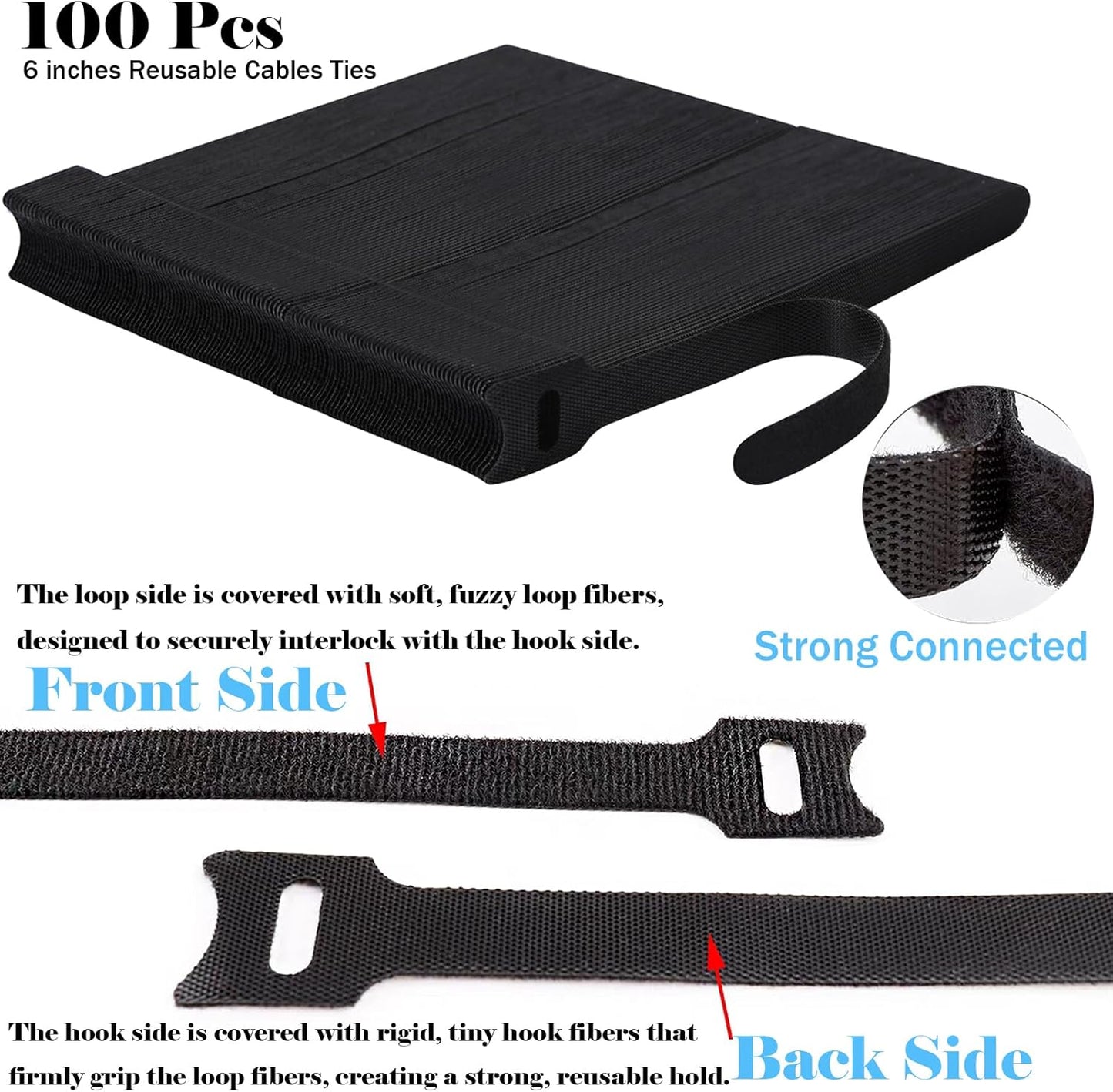 100PCS Hook and Loop Straps - 6 Inch Reusable Cable Ties for Cable Management, Adjustable Cord Organizer Hook & Loop Straps for Home, Office and Data Centers, Black