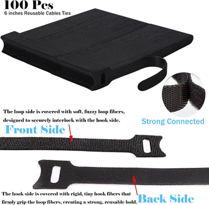 100PCS Hook and Loop Straps - 6 Inch Reusable Cable Ties for Cable Management, Adjustable Cord Organizer Hook & Loop Straps for Home, Office and Data Centers, Black