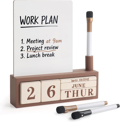 SELEAD Wooden Block Desk Calendar with Chalk Board - Daily Desktop Perpetual Calendar Words Sign Quotes for Home Office Classroom Decor, Teachers Students - Black
