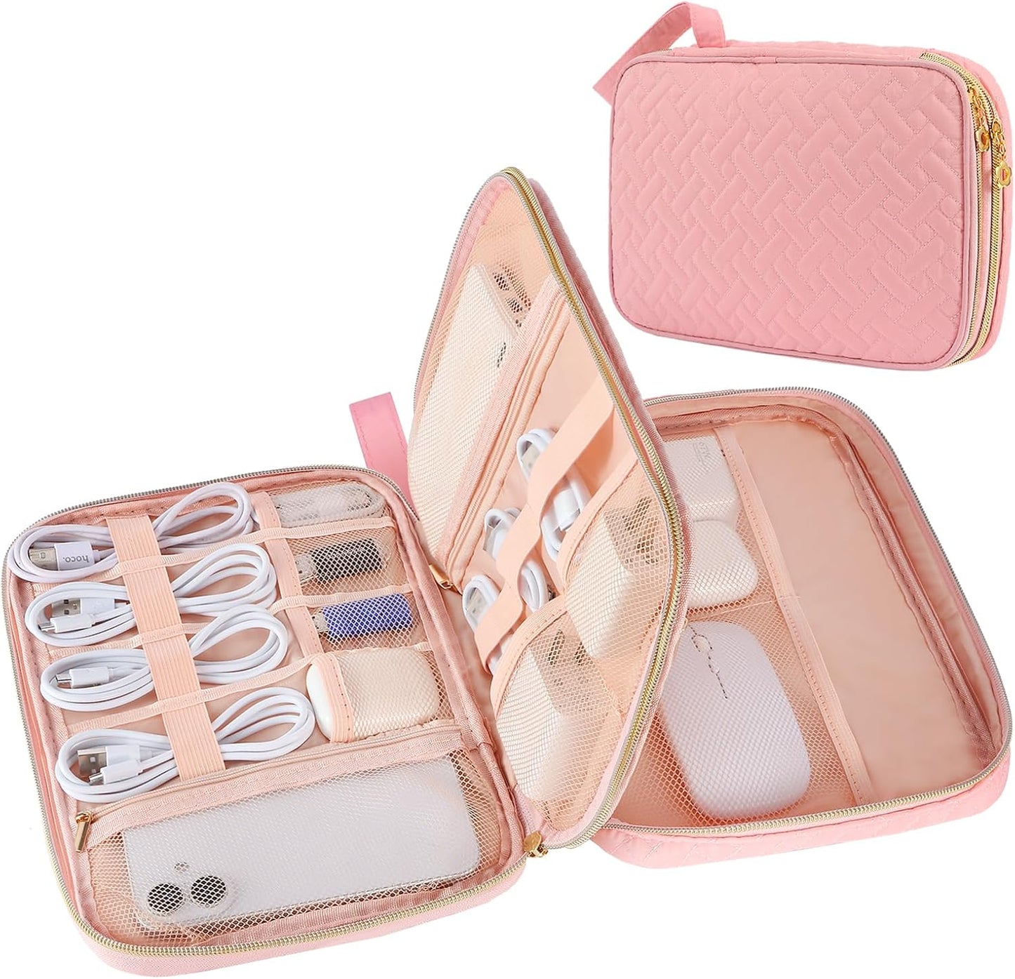 Electronics Organizer Travel Case, Charger Bag Cord Organizer Travel, Compact Tech Pouch Cable Organizer Bag for Charger, Cords, Phone, Headphones, Flash Drive, SD Card (Pink, Small-Double Layer)
