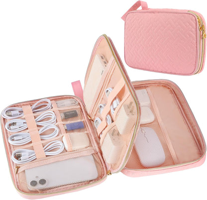 Electronics Organizer Travel Case, Charger Bag Cord Organizer Travel, Compact Tech Pouch Cable Organizer Bag for Charger, Cords, Phone, Headphones, Flash Drive, SD Card (Pink, Small-Double Layer)