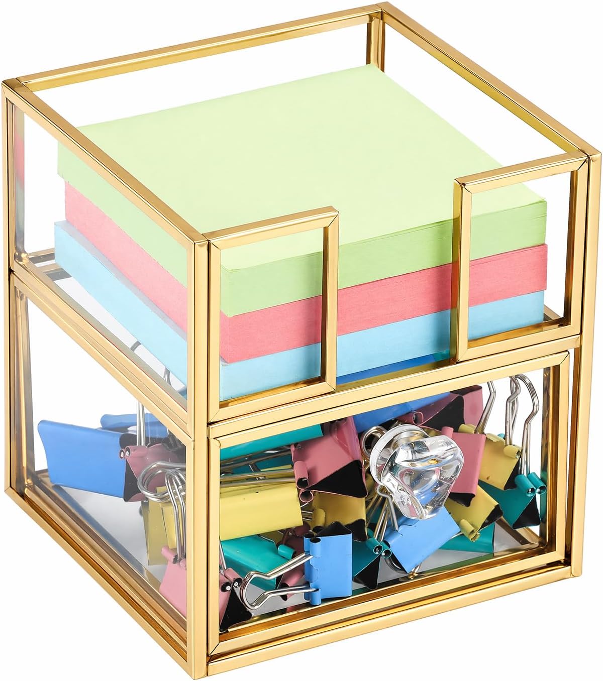 BTSKY Golden Glass Sticky Note Holder for 3x3 Inch Sticky Notes, Elegant Post It Note Dispenser with Non-Slip Pads Clear Notepad Holder for Desk Organization Planning, Home Office Decor