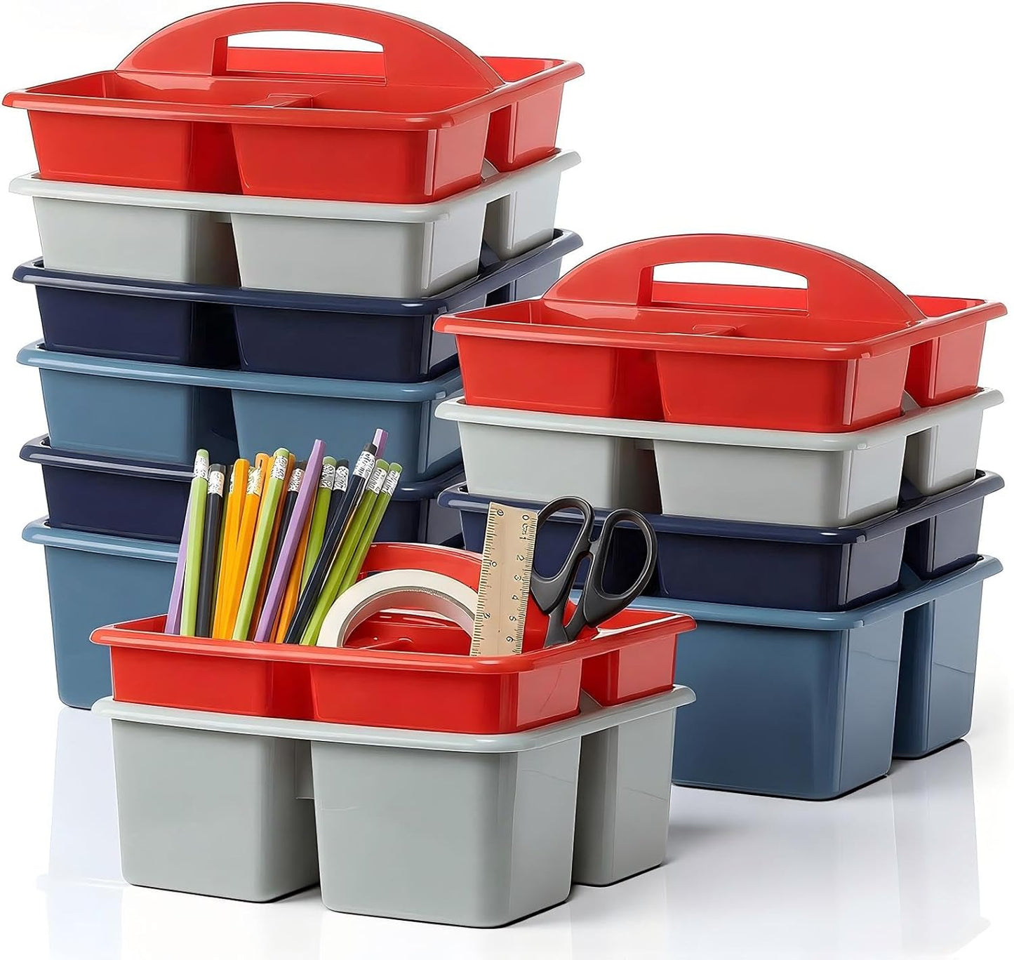 Kathfly 4 Pack Caddy Organizer with Handle, Stackable Organization Storage, Small Plastic Basket Classroom Caddy for Table Desk Office Pencil Kids Room Craft Art Teacher School Supplies (Blue Orange)