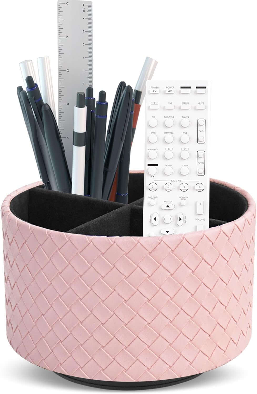 Round Leather Art Supply Organizer,Remote Control Holder,360 Degree Rotating,Multi-Functional Pencil Holder,4 Compartments Desktop Stationary Organizer(1-Fractal Flower) | Round - Colors A