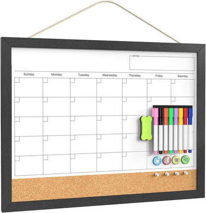 Calendar Whiteboard for Wall, TANKEE 17x13 Inches Whiteboard Calendar Cork Board Combo, Small Magnetic White Board with Wood Framed, Hanging Dry Erase Board for Kitchen Home Office School Planner