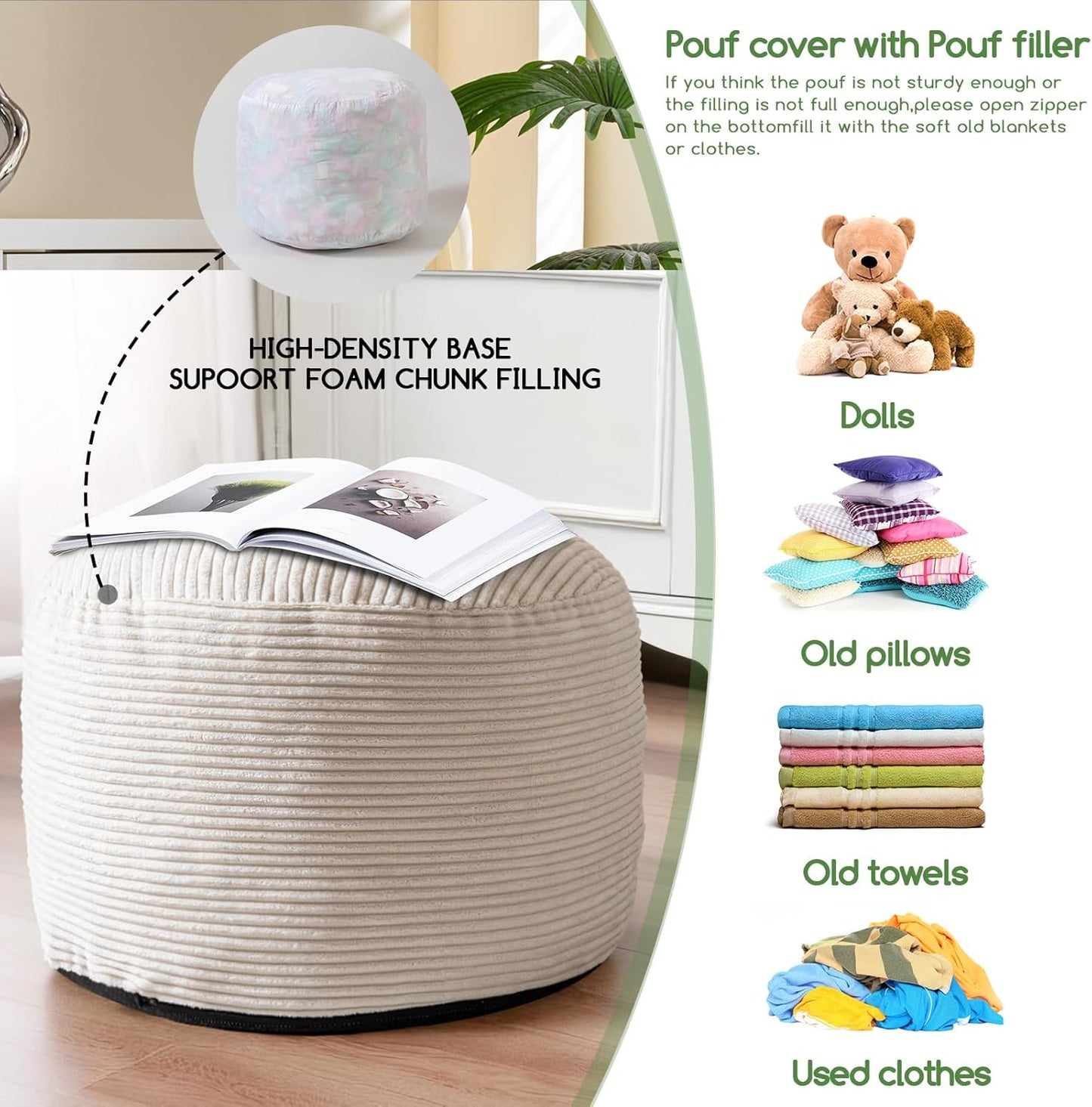 HIGOGOGO Round Stuffed Pouf Ottoman, Corduroy Poufs with Foam Chunk Filling, Furry and Fluffy Pouf Foot Stool Storage Ottoman, 20 X 15 Floor Poufs Foot Rest for Living Room, Dark Grey