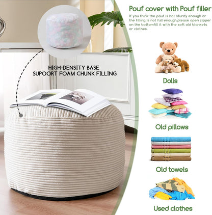 HIGOGOGO Round Stuffed Pouf Ottoman, Corduroy Poufs with Foam Chunk Filling, Furry and Fluffy Pouf Foot Stool Storage Ottoman, 20 X 15 Floor Poufs Foot Rest for Living Room, Dark Grey