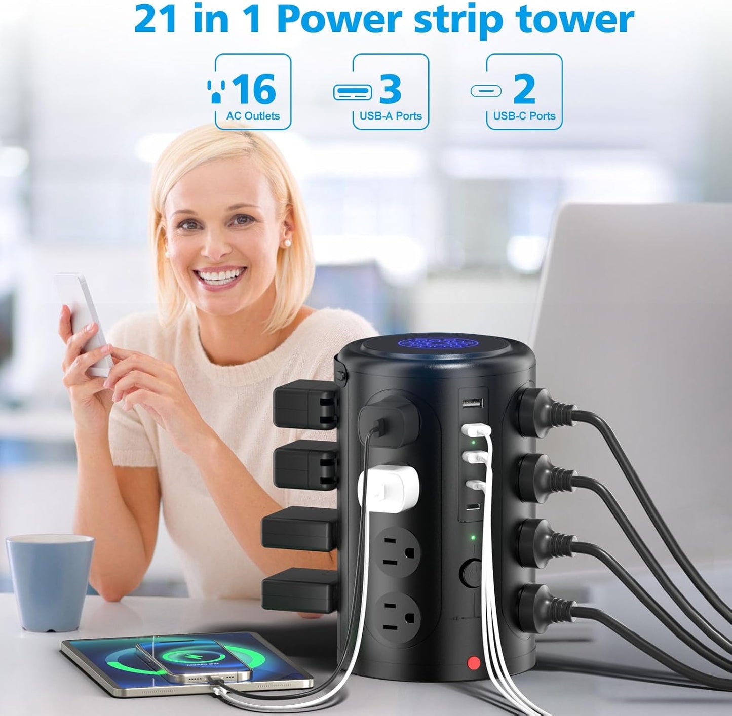 Tower Power Strip Surge Protector with 16 Outlets and 5 USB Ports (2 USB-C), 6FT Extension Cord with Multiple Outlets,Heavy Duty Charging Station,Home Office Dorm Room Essentials. No Wireless Charging