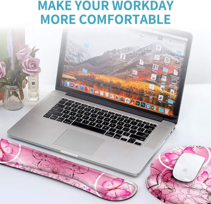 RICHEN Keyboard Wrist Rest and Mouse Pad with Wrist Support, Memory Foam Set for Gaming and Office, Comfortable & Lightweight for Easy Typing & Pain Relief (White Butterflies)
