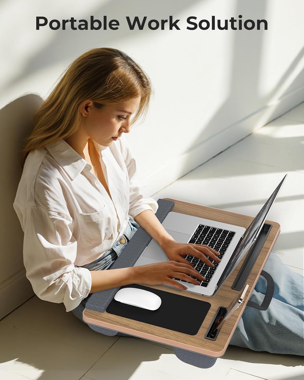 Potuopy Lap Desk - Up to 17” Laptop Tray with Wrist Rest, Portable Handle, Fixed Mouse Pad, Tablet & Phone Slots, Laptop Lap Desk with Cushion (Dark Brown)