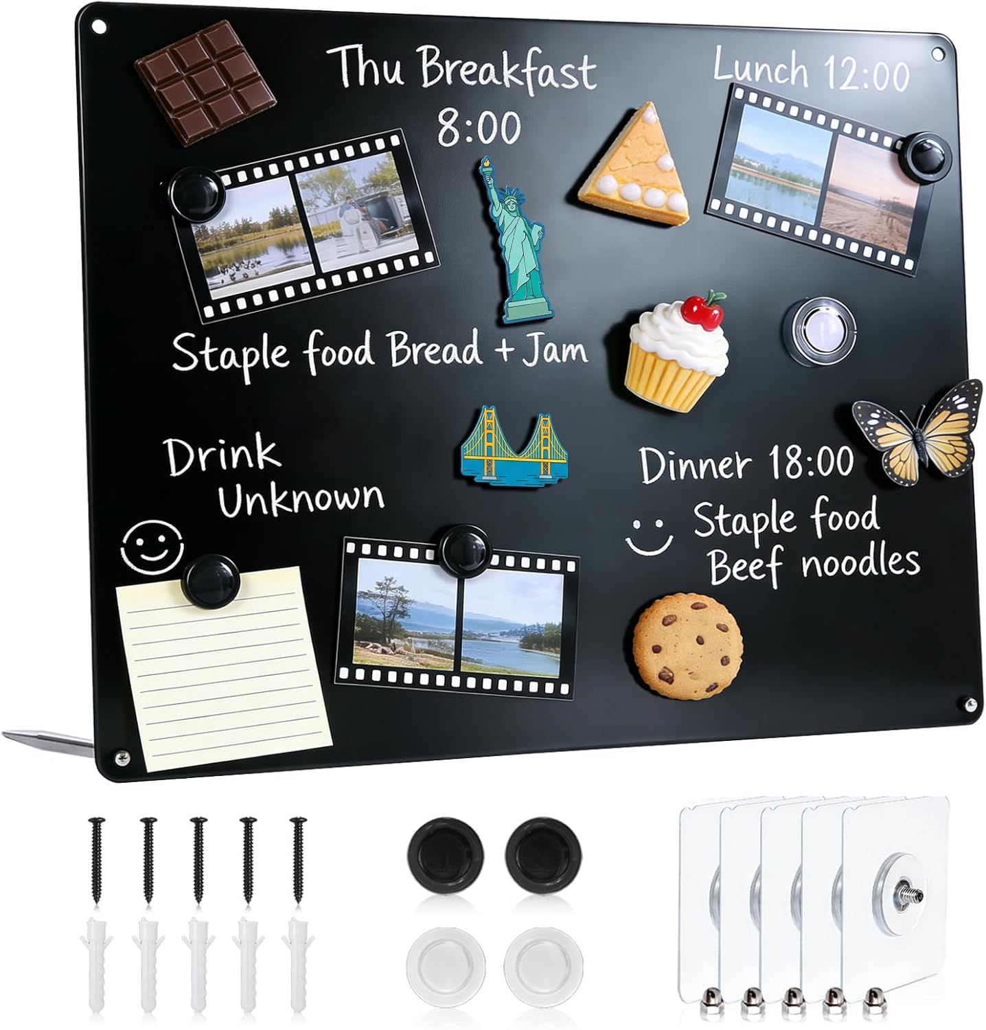 Black Magnetic Bulletin Board to Display Magnetic Notes 3 Installation Methods Multi-Purpose Display Board for Souvenir Magnets Fridge Stickers Photos Spice Jars Desktop Board for Home Kitchen Office