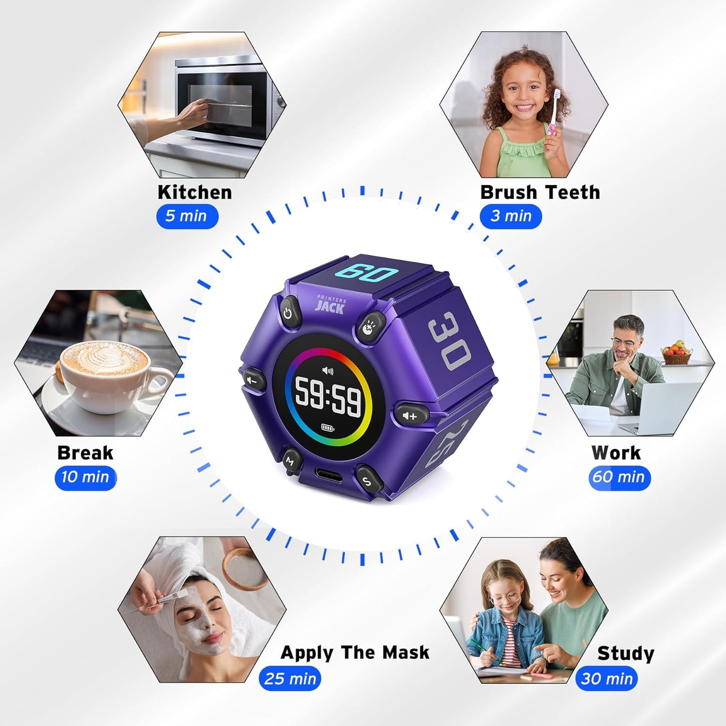 Jack Pomodoro Timer - Productivity Cube, Visual Focus Timer, Mute & Vibration & Adjustable Sound Alert, for Office, ADHD, Study, Work, 3/5/10/25/30/60min & Custom Countdown - Black