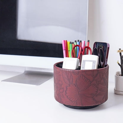 Round Leather Art Supply Organizer,Remote Control Holder,360 Degree Rotating,Multi-Functional Pencil Holder,4 Compartments Desktop Stationary Organizer(1-Fractal Flower) | Round - Colors B