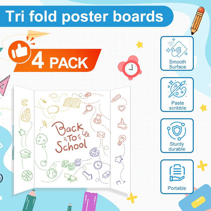 4 Pcs Small Trifold Poster Board, 21.4" x 14" Presentation Board, with Double Sided Tapes and Cardboard, White Corrugated Project Boards/Display Board for School Project/Science Fair Display Boards